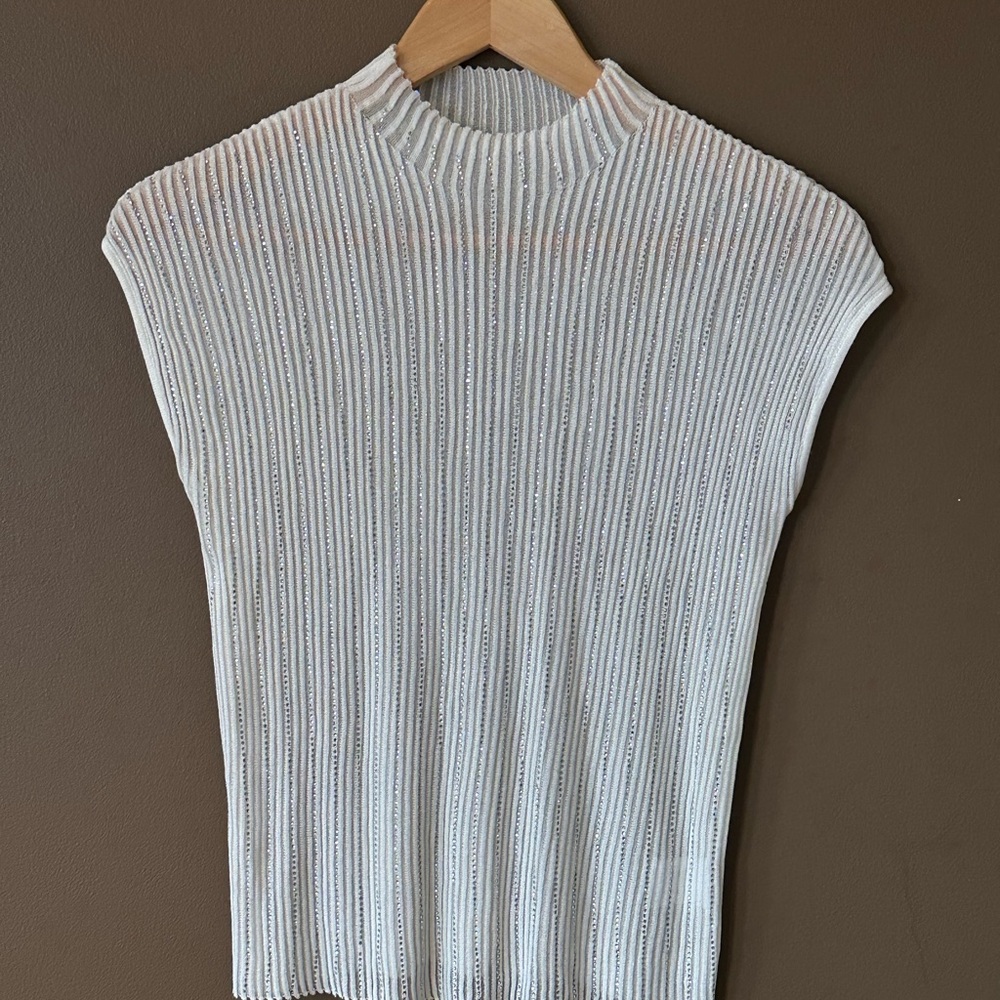 Ribbed Rhinestone Knit Sleeveless Mock Neck Top